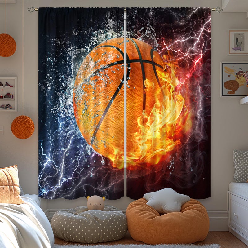 Cinbloo Sports Curtains for Boys Bedroom 42W x 63L Inch Rod Pocket Kids Basketball Curtains Cool Basketball Wall Art for Men Abstract Flame Decor Teenagers Living Room Window Drapes Fabric 2 Panels - Image 3
